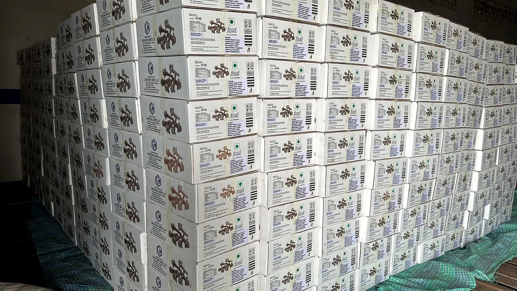 Stacked export cartons prepared for shipment