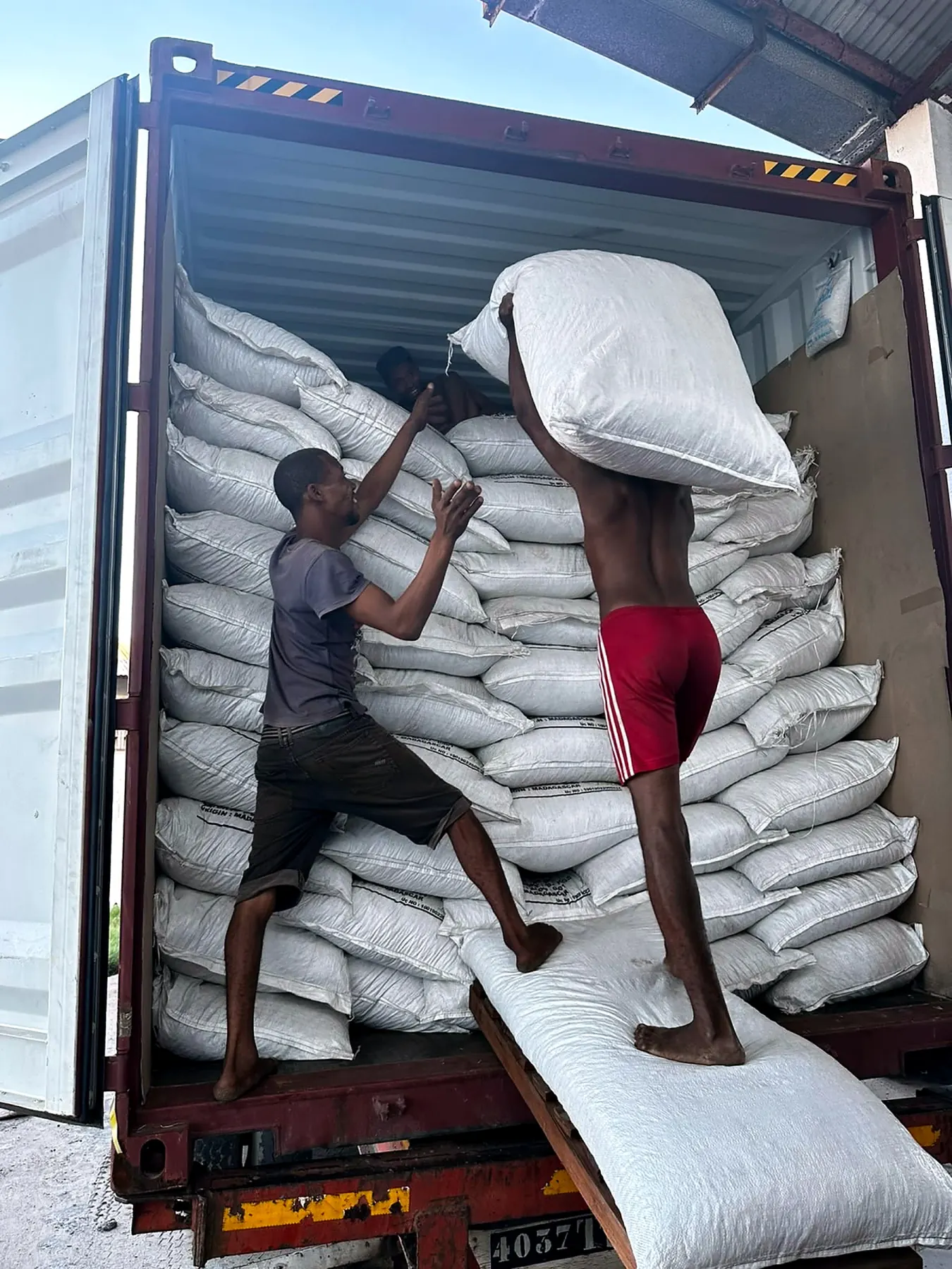 Warehouse team loading export sacks into a container