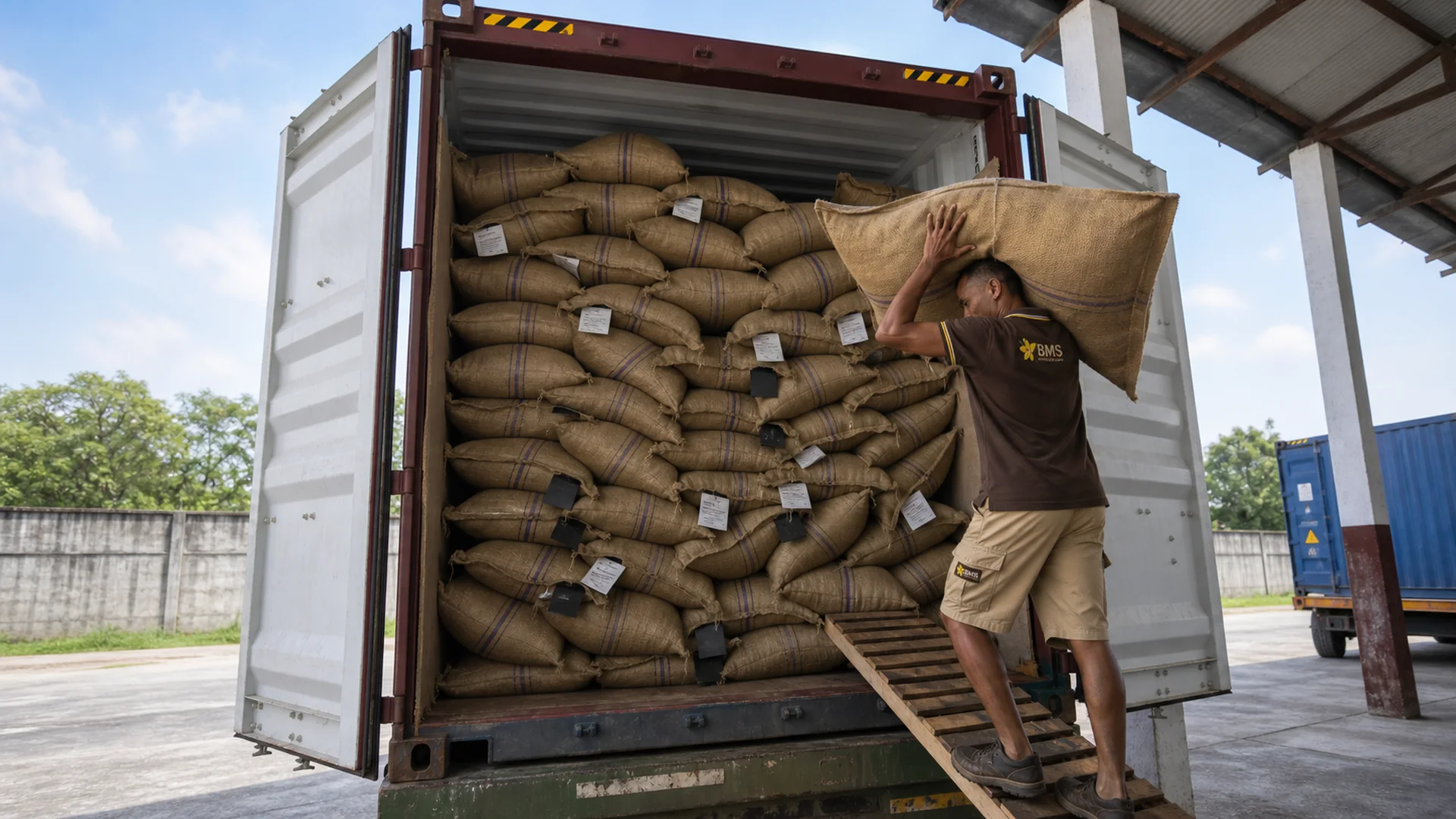 BMS worker loading export sacks into a shipping container